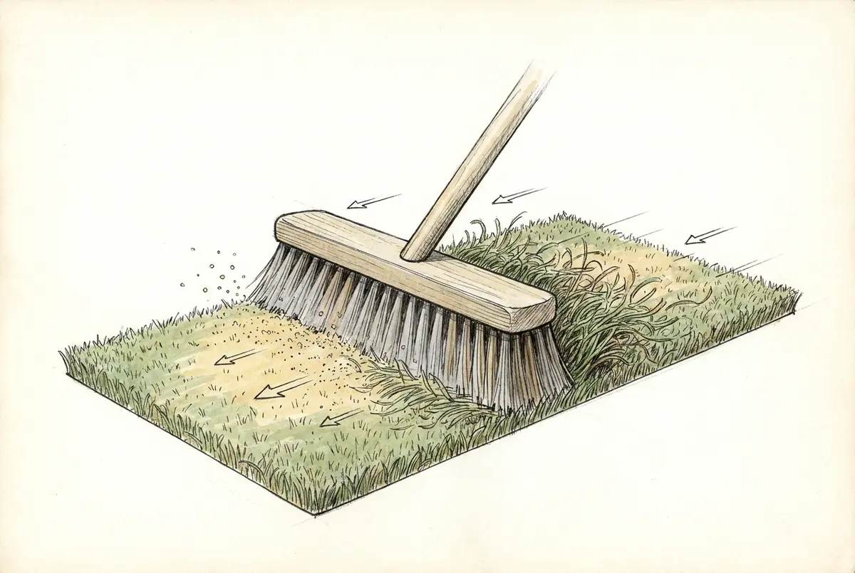 Dibujo de un cepillo de cerdas duras levantando la fibra del césped artificial a contrapelo