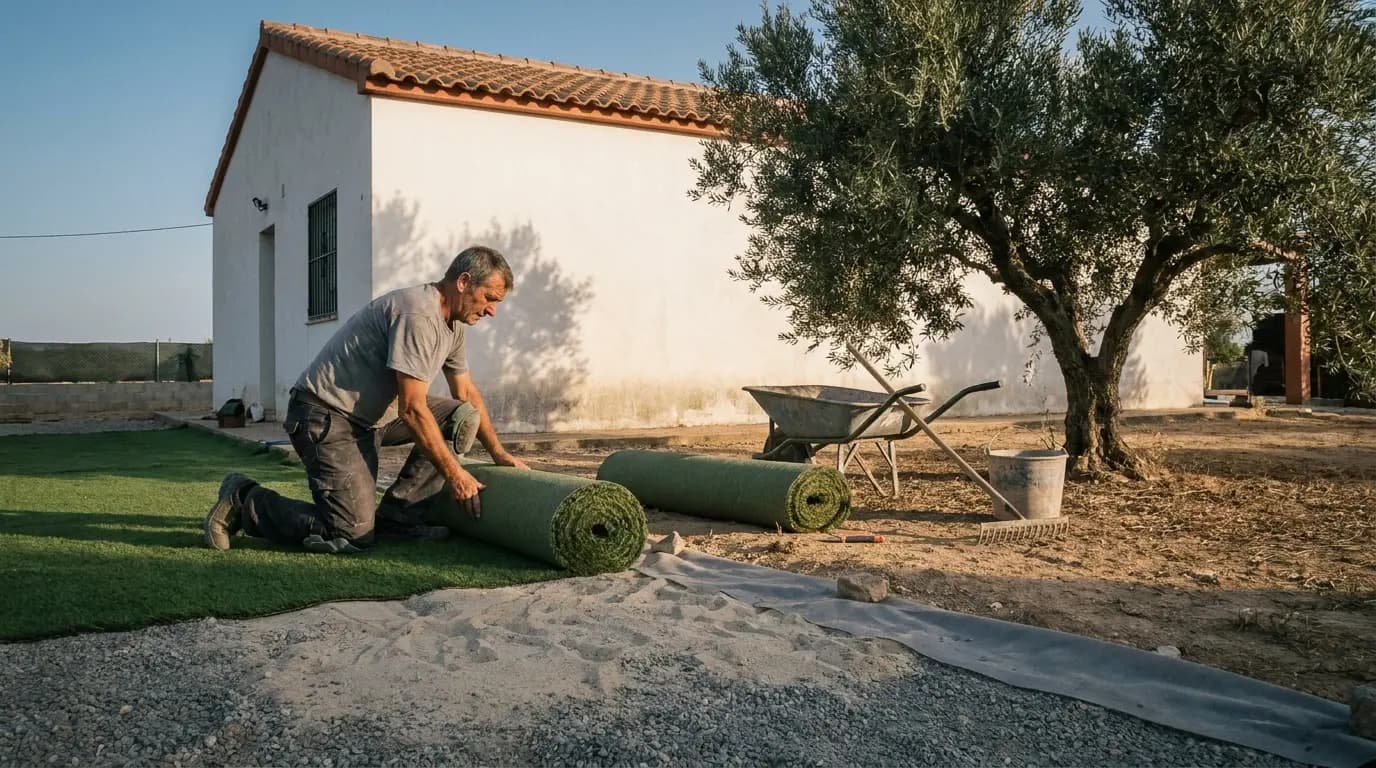 Instalador de rodillas extendiendo un rollo de césped artificial sobre la malla, en el jardín de un chalé de interior con un olivo